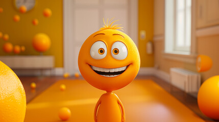 cheerful, animated orange character smiling amidst a room filled with floating oranges, creating a fun and lively scene