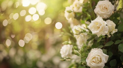 Blurry view of a romantic garden wedding with cascading white roses.