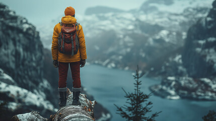 person step on a log to see a mountain