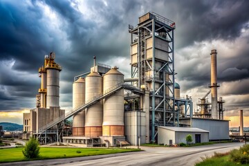 Obraz premium Large Industrial Factory Exterior With Dark Stormy Sky In The Background