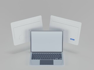 Laptop with floating social media UI 3d illustration with white background	

