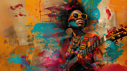 Fototapeta premium The digital collage depicts a man with an electric guitar against a bright graffiti-style background. The bright colors and urban aesthetic evoke a strong musical or performance theme.
