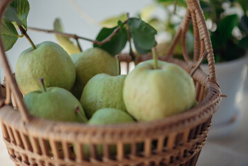 A basket of ripe guavas, a tropical fruit with a sweet aroma.