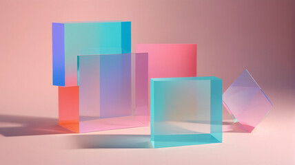 Transparent acrylic geometric shapes on a pastel canvas, playing with light and shadows for a dynamic effect, Generative AI