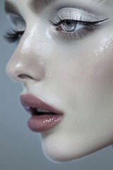 modern makeup ad sleek high fashion makeup colors natural face not overly perfect, 50 mm Canon 7D lens, lightly applied eyeshadow in PANTONEÂ® 14-4307 TCX Winter Sky and PANTONEÂ® 12-0000 TCX White Sw