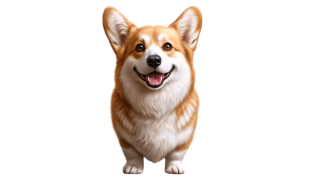 A happy Pembroke Welsh Corgi standing side-on against a plain on a transparent background