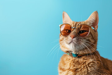 Funny Ginger Cat in Sunglasses, Isolated on Light Blue Background