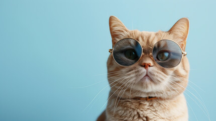 Funny Ginger Cat in Sunglasses, Isolated on Light Blue Background