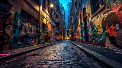 Fototapeta premium Colorful urban alley covered in vibrant graffiti art, illuminated by street lights at twilight, creating a dynamic, artistic cityscape.