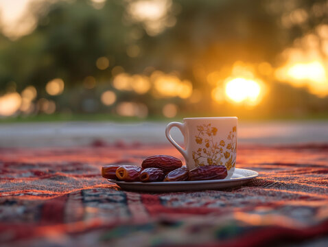 cup of coffee in the same plate with dates while wait for break fasting til sunset gone