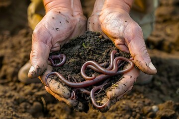 Fototapeta premium Cupped hands holding rich soil with wriggling earthworms, symbolizing fertility