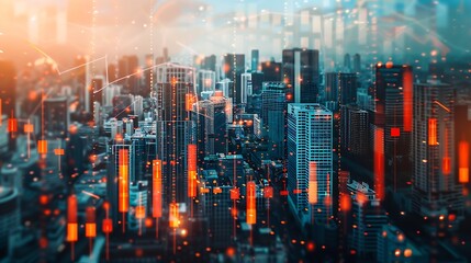 Obraz premium Investing and real estate market crash concept with falling down digital financial chart candlestick and graphs with data indicators on city modern business centers background double e : Generative AI