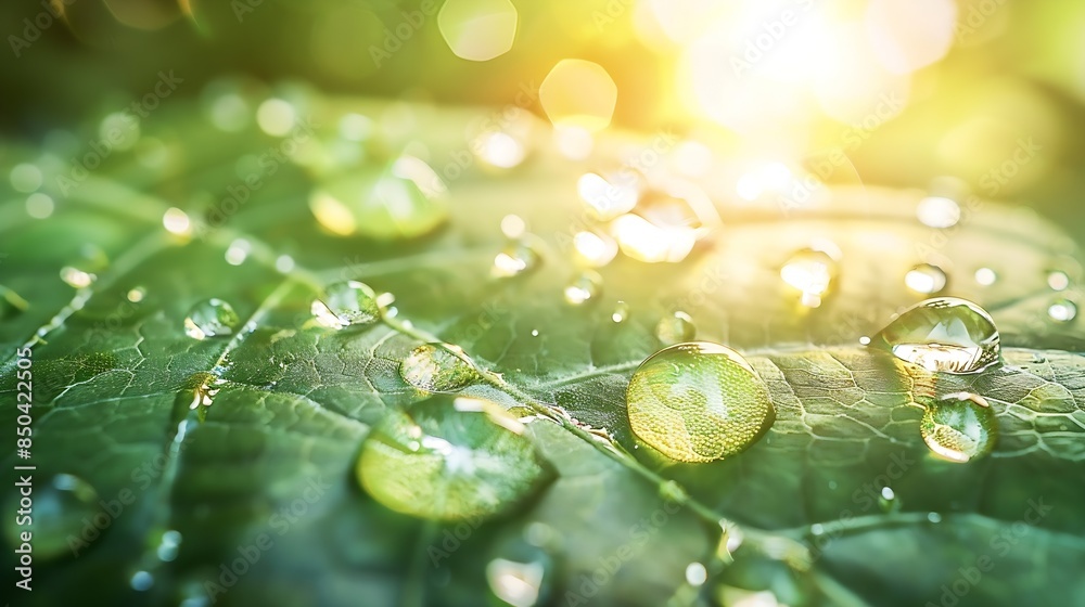 Poster large beautiful drops of transparent rain water on a green leaf macro drops of dew in the morning gl