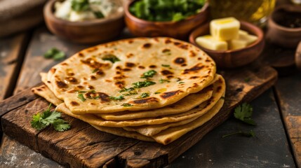 Fresh flatbread served on a rustic wooden cutting board, great for snack or meal