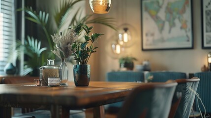 A decorative wooden table featuring vases filled with flowers, perfect for wedding receptions or home decor