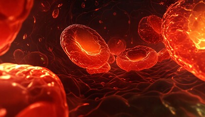 Fototapeta premium Blood cells in motion within an artery, showcasing scientific research, cardiovascular health, and medical treatment. Focus on anatomy, disease prevention, and microscopic analysis.