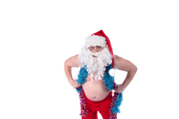 Funny Santa Claus is dancing. White background.