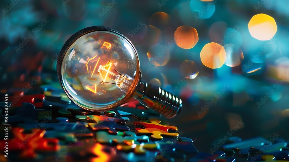 Aufkleber magnifier glass focus to idea creative light bulb with jigsaw planning development leadership and cu