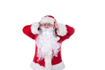 Funny Santa Claus, diet and healthy lifestyle. White background.
