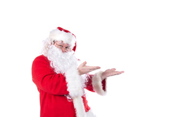 Funny Santa Claus, diet and healthy lifestyle. White background.