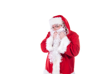 Funny Santa Claus, diet and healthy lifestyle. White background.