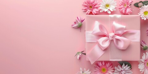 Pink Gift Box With Spring Blossoms on Pink Background