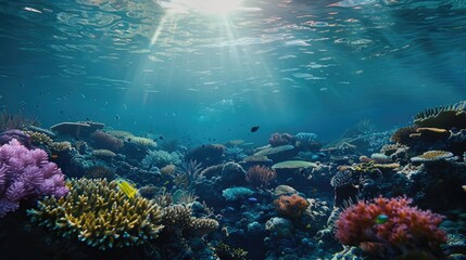 Obraz premium Underwater scene showing a vibrant coral reef teeming with fish and marine life