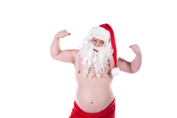 Funny Santa Claus is dancing. White background.