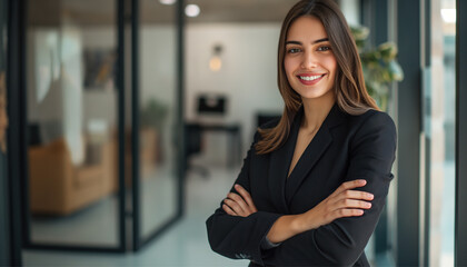 smiling successful businesswoman in formal black clothes standing in boardroom with arms crossed and looking at camera. Business lady at work, job search, available vacancies, job hunting concept 