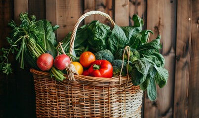 Eco-friendly wicker grocery bag with fresh fruits and vegetables, Generative AI