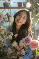 Fototapeta premium asian young students female making Preserved rose flowers, sweet smile, looking into camera, smell the rose, in the sunny bright room, photograph 