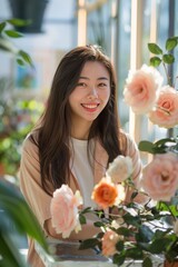Fototapeta premium asian young students female making Preserved rose flowers, sweet smile, looking into camera, smell the rose, in the sunny bright room, photograph 