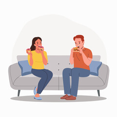 Young woman and man eats fast food on the sofa. Flat style cartoon vector illustration.