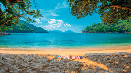 seaside secluded sandy beach among tropical greenery on a hot sunny day. in the foreground there is a bright beach towel on the sand. In the background are mountains and blue sky.