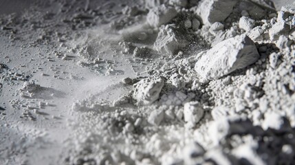 Close-up of chalk powder, dusty texture, white and scattered, harsh light. 
