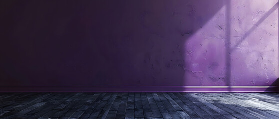 Empty room with purple wall and wooden floor. Sunlight streaming through window creating dramatic shadow. Ideal for interior design concepts.