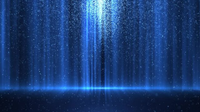 The blue light from the dust creates beautiful bokeh. elegant abstract background video with light particles. Abstract background dots falling down. rain of particles. Seamless looping animation