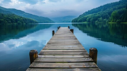 Rustic wooden dock on a tranquil lake calm waters 