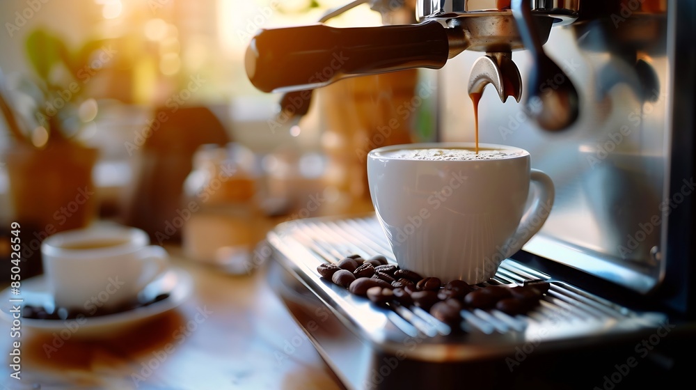 Poster Coffee machine filling a cup with Making coffee by coffee machine into cup espresso coffee coming out from an automated coffemaker machine Beverage drink for breakfast : Generative AI