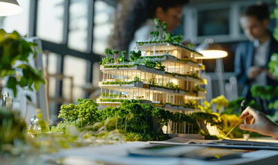 Architects working on sustainable architectural models for modern green buildings focused on innovative eco-friendly design and urban planning