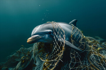 Dolphin entangled in fishing net, highlighting the impact of marine pollution and the need for ocean conservation