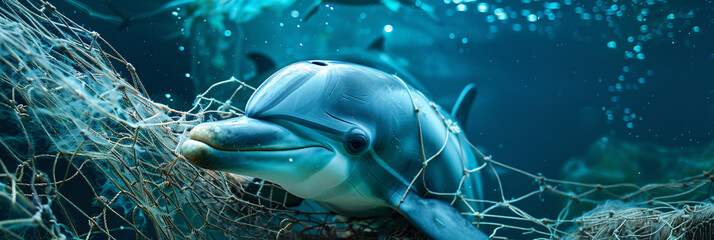 Fototapeta premium Trapped dolphin in underwater net, emphasizing the dangers of fishing gear to marine life and environmental protection