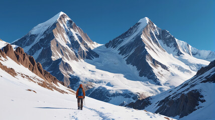 Lone adventurer gazing at a majestic mountain range, with snow-capped peaks and a clear blue sky, Generative AI
