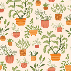 Potted plants seamless vector pattern. My home garden green decor on a beage background. Flat vector illustration for paper, fabric, textile printing.