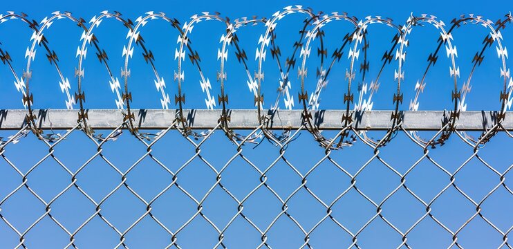 Rolls of barbed wire over an iron fence with a blue sky background