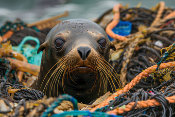 Seal entangled in marine debris, emphasizing the impact of ocean pollution and the need for wildlife protection