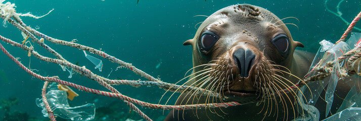 Sea lion trapped in discarded fishing gear, highlighting the dangers of marine litter to ocean life and environmental conservation