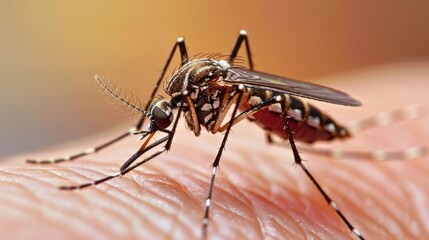 Fototapeta premium Mosquito on the skin of the hand, general plan 