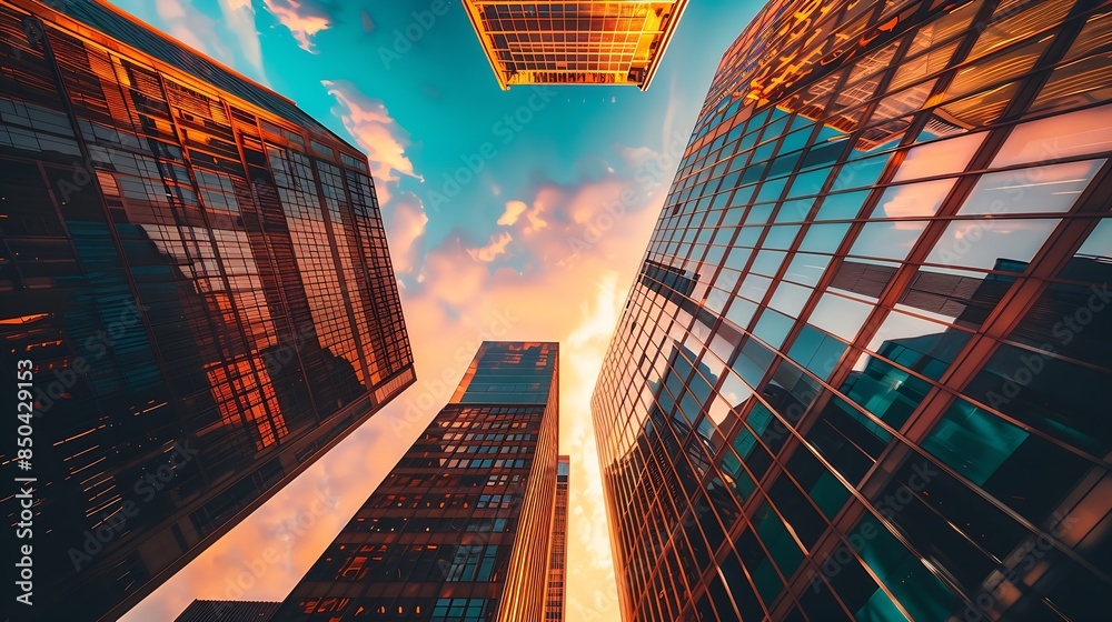 Poster a beautiful screnery of multiple buildings background with amazing sky : generative ai
