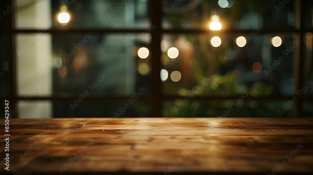 Poster dark blurred background with empty table top cafe restaurant windows background for your product : Generative AI